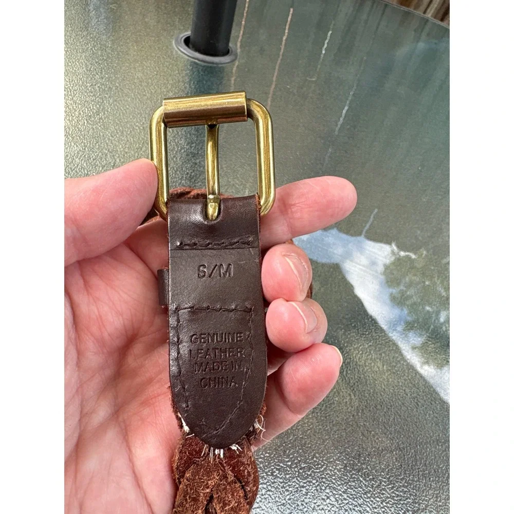 Dark Brown Braided Genuine Leather Belt Brass Buckle Boho S/M